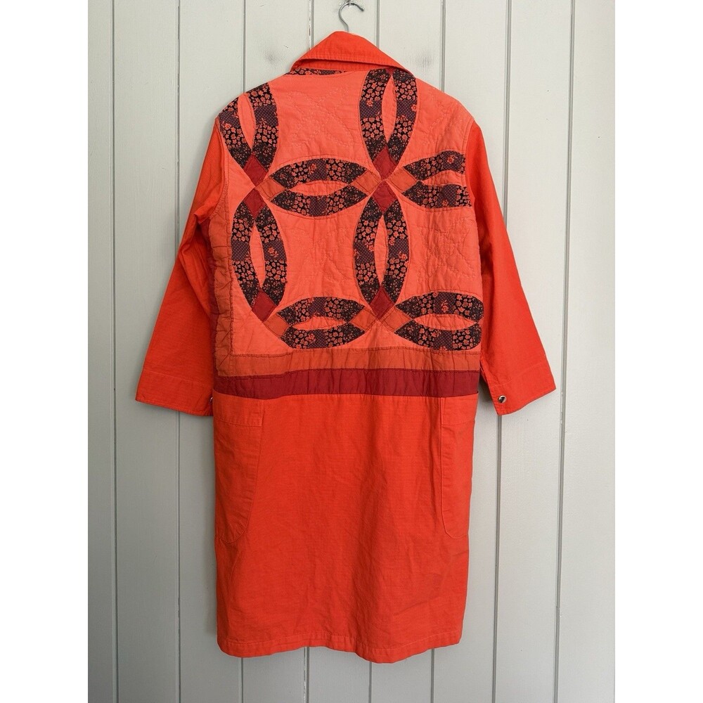 Carleen Quilt Back Duster Jacket L Large Orange Longline Cotton Collar Snap